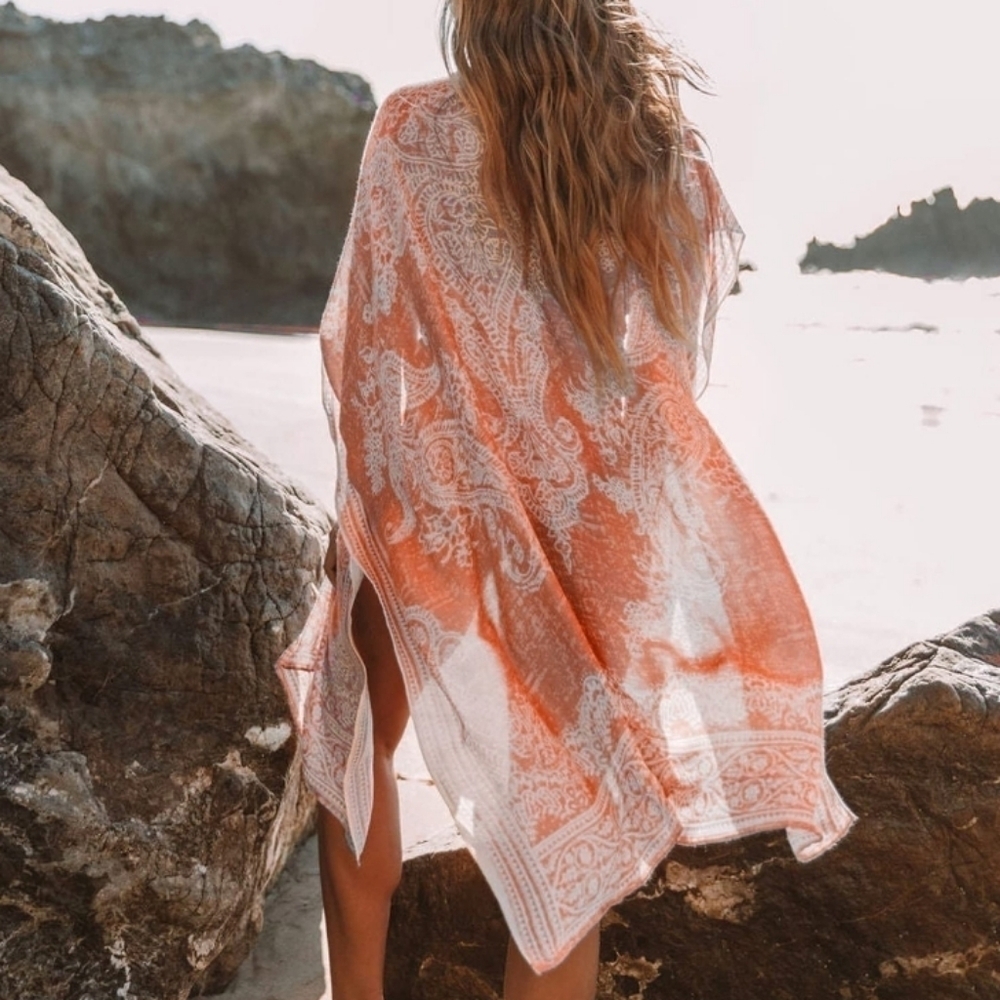 Breezy Lane Paisley Sheer Boho Open Front Kimono Swimsuit Coverup Duster Gypsy